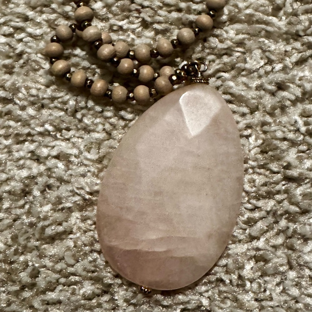 Natural Stone Pendant Necklace with Taupe Beaded Chain – Boho Neutral Statement - Picture 3 of 5
